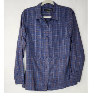 Exofficio Soft Plaid Button Front Blue Small Shirt Long Tunic Flannel Pleats
